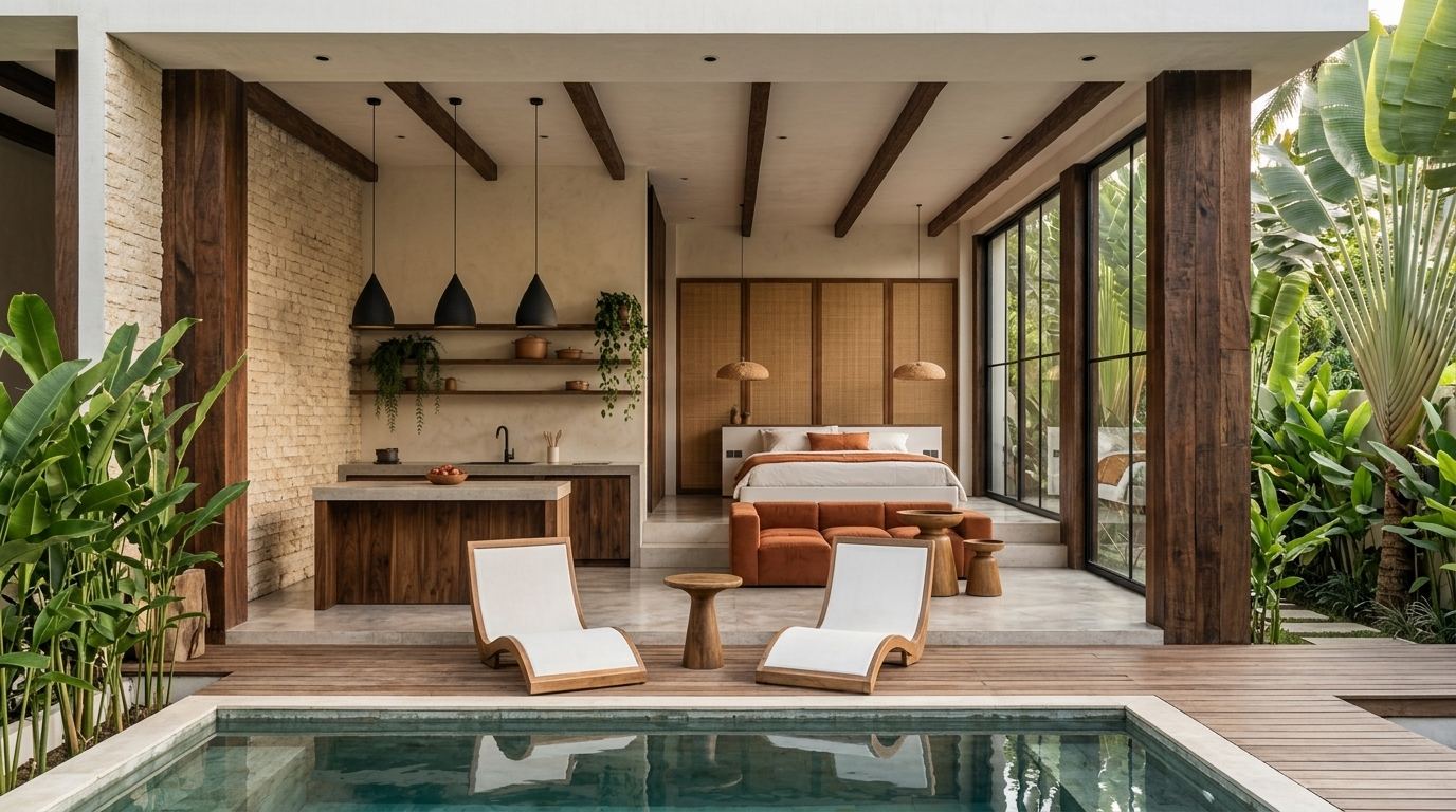 Render de la villa Petrichor — deck con piscina, cocina y dormitorio